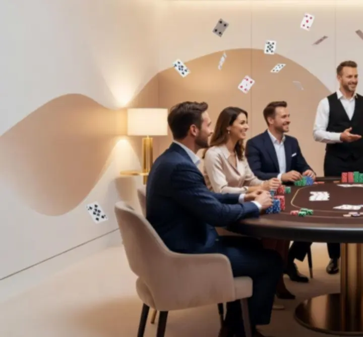 Grupa osób przy eleganckim stole pokerowym podczas rekreacyjnego wieczoru offline organizowanego przez Trivessa.
