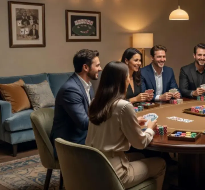 Elegancka grupa uczestników przy stołach pokerowych podczas wieczoru tematycznego Trivessa.