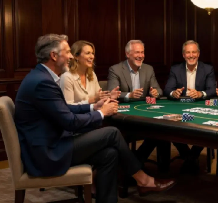 Grupa uczestników podczas rekreacyjnego wieczoru pokerowego przy elegancko przygotowanym stole